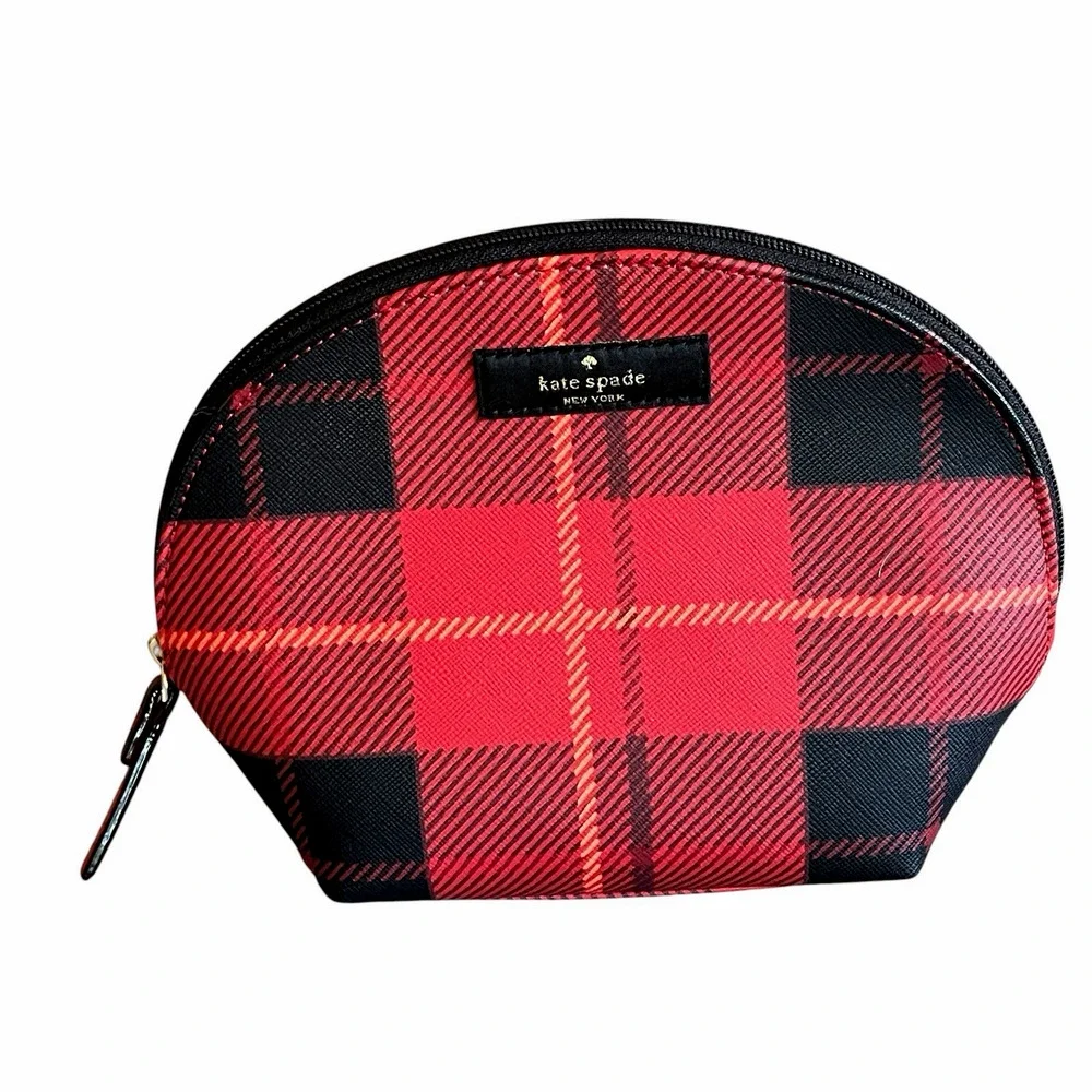 KATE SPADE New York Newbury Lane Keri Cosmetic Pouch Red/Black Plaid Top Zip Bag